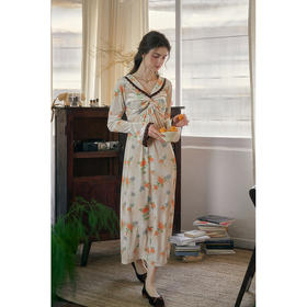 SimpleRetro杏落满庭 法式印花丝绒连衣裙女收褶修身长袖a字裙子
