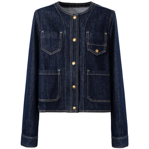 SELFWHO复古撞色线口袋牛仔外套女2025春季新款圆领箱型短款上衣 商品图4