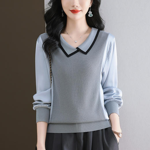 CC-89-525翻领长袖上衣针织衫女2025年新款春季洋气薄款t恤宽松打底衫 商品图3