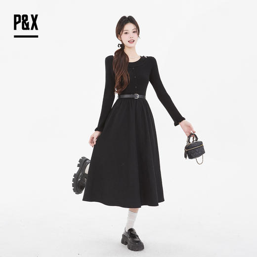 P&X设计师女装 气质女神梭织连衣长裙镂空腰带设计825108091 黑色 商品图0