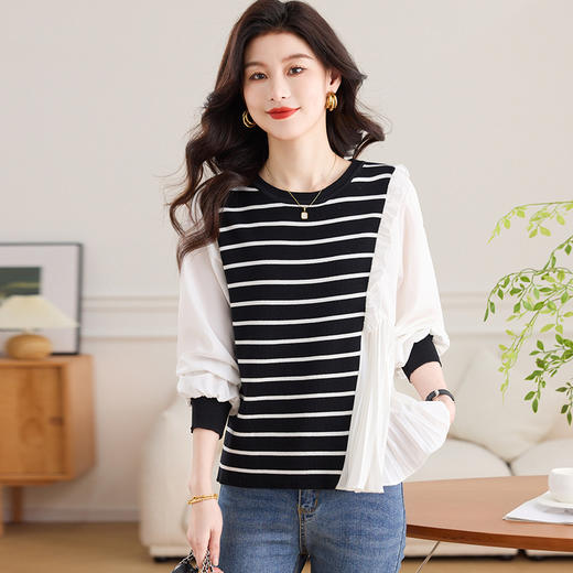 CC-13-2802假两件黑白条纹针织拼接衬衫女士长袖2025春秋季新款宽松遮肉上衣 商品图3