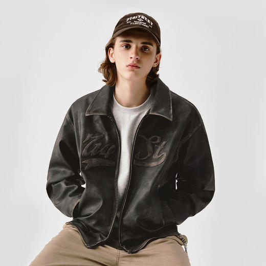 714street立体压印擦色皮衣薄夹克 商品图0