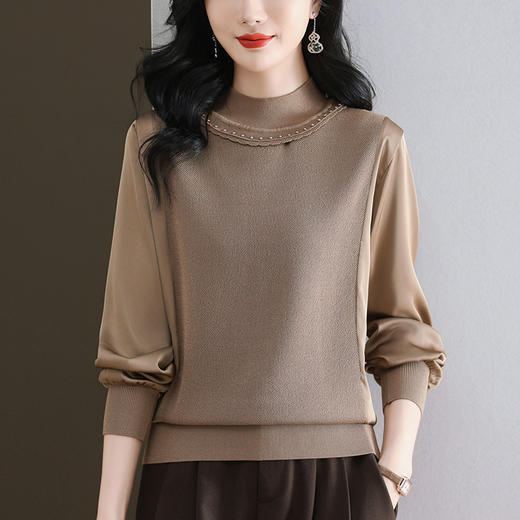 CC-89-528半高领长袖t恤女2025年宽松小衫薄款春装洋气宽松上衣针织衫 商品图3