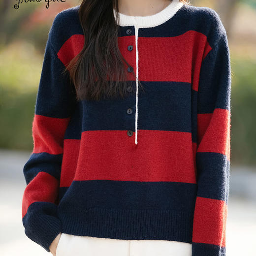 QHJY-JY8188新款条纹半开襟长袖针织衫上衣圆领安迪绒打底毛衣大码女装 商品图4