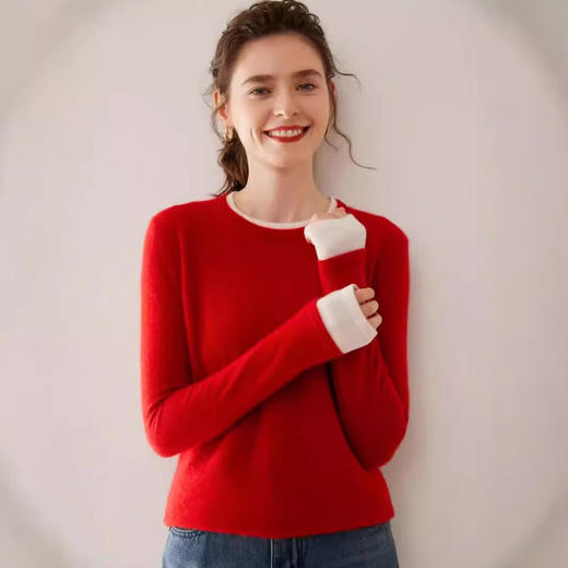 雀说红色羊绒衫女圆领秋冬新年高级内搭打底衫假两件小众气质毛衣AL8981 商品图0