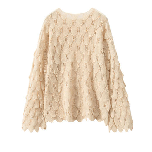 雀说山羊绒罩衫圆领长袖镂空羽毛针织衫上衣新款薄款套头休闲新款毛衣AL8745 商品图4