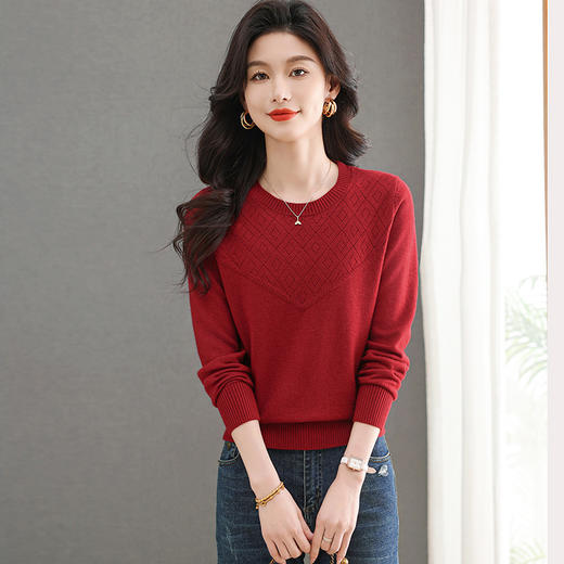 CC-101-96121春秋新款洋气圆领长袖t恤打底小衫女士洋气提花宽松针织上衣 商品图0