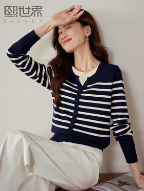 【专属特价】熙世界学院风黑白条纹针织衫女2025年春季新款长袖假两件套头上衣