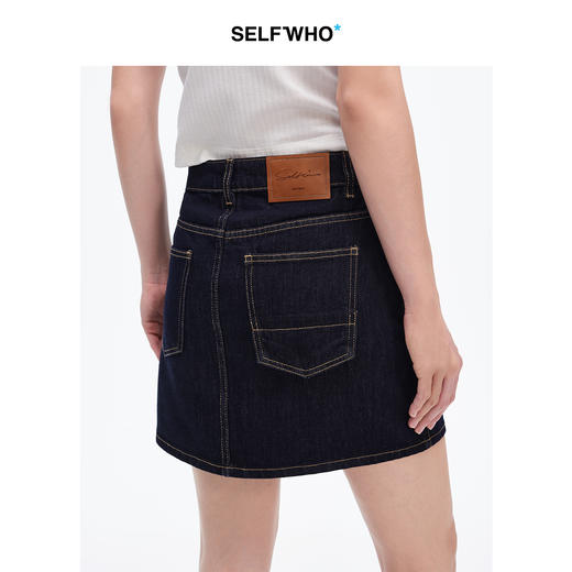 SELFWHO复古撞色线不对称口袋牛仔短裙女2025春新款高腰a字半身裙 商品图3