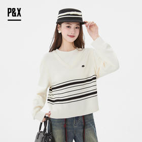 P&X设计师女装 新款减龄条纹短款针织衫假领设计825131072 白色