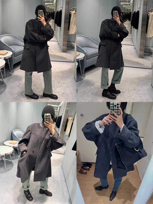 HIDEMI 极简超大廓形加宽垫肩设计感厚款羊毛毛呢西装式口袋中长款大衣 黑色/深灰色 商品图2