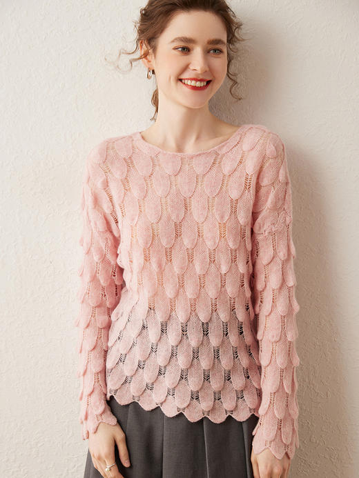 雀说山羊绒罩衫圆领长袖镂空羽毛针织衫上衣新款薄款套头休闲新款毛衣AL8745 商品图6