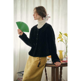 SimpleRetro慵懒假期 绗缝菱格黑色丝绒外套女圆领短款小个子上衣