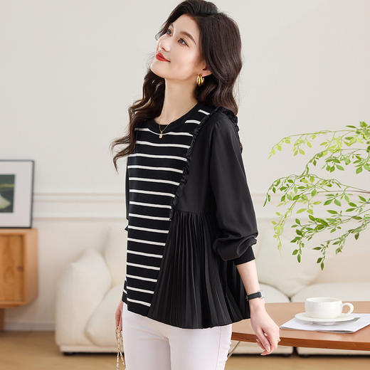 CC-13-2802假两件黑白条纹针织拼接衬衫女士长袖2025春秋季新款宽松遮肉上衣 商品图1