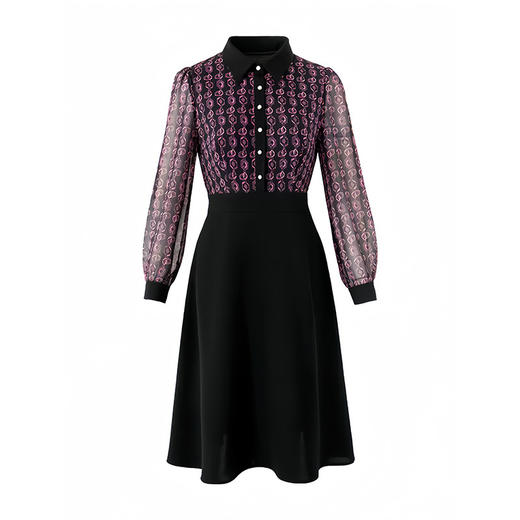 雀说新款女装气质收腰a字裙长袖打底裙子法式印花拼接连衣裙AL6687 商品图4