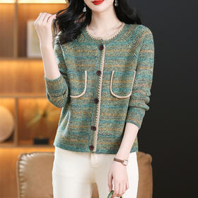 CC-17-67105春秋季新款毛衣女士洋气圆领复古条纹小个子针织开衫口袋外套