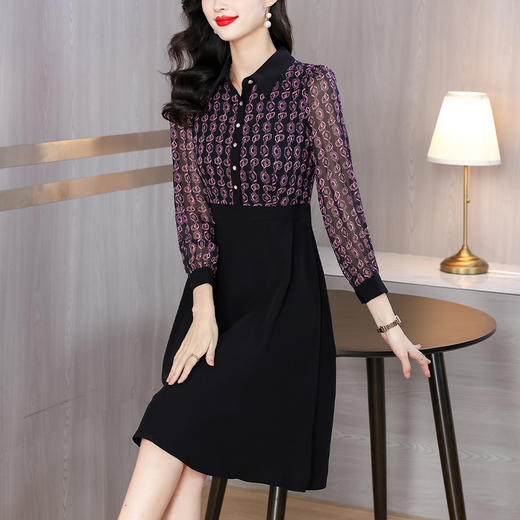 雀说新款女装气质收腰a字裙长袖打底裙子法式印花拼接连衣裙AL6687 商品图3