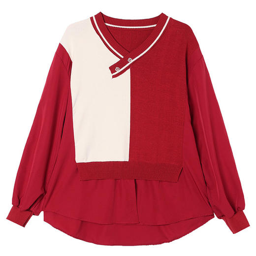 CC-13-2806洋气拼色衬衫拼接针织衫女士2025春季新款洋气宽松小衫假两件上衣 商品图4