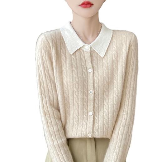 QHJY-J1127秋冬100安迪绒翻领假两件绞花拼接针织开衫上衣外套 商品图4