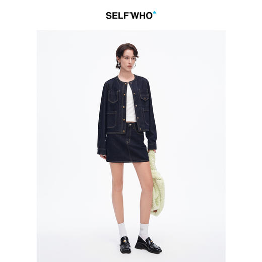 SELFWHO复古撞色线口袋牛仔外套女2025春季新款圆领箱型短款上衣 商品图1