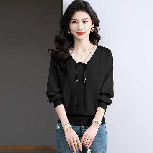 CC-BSM-732小个子针织拼接女士拼色2025春秋季新款宽松遮肉雪纺打底衫上衣服 商品图3