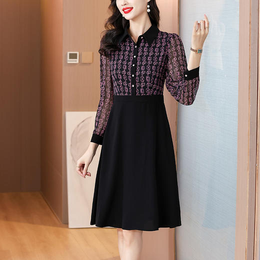 雀说新款女装气质收腰a字裙长袖打底裙子法式印花拼接连衣裙AL6687 商品图0