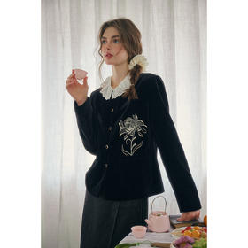 SimpleRetro天香牡丹 重工花卉刺绣黑色丝绒外套女千金风短款上衣