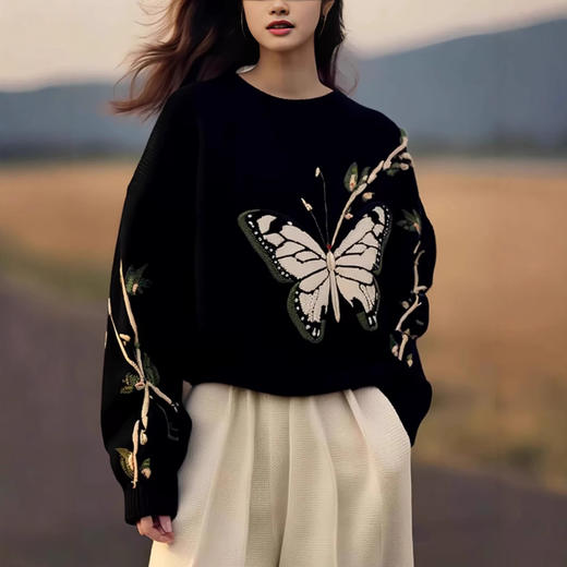 雀说黑色蝴蝶印花毛衣新款高级感圆领宽松慵懒风针织上衣AL5198 商品图2