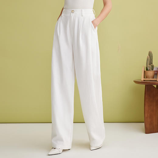 EITIE爱特爱舒适莱赛尔白色高腰阔腿显瘦休闲裤长裤春季新款A2505511 商品图2