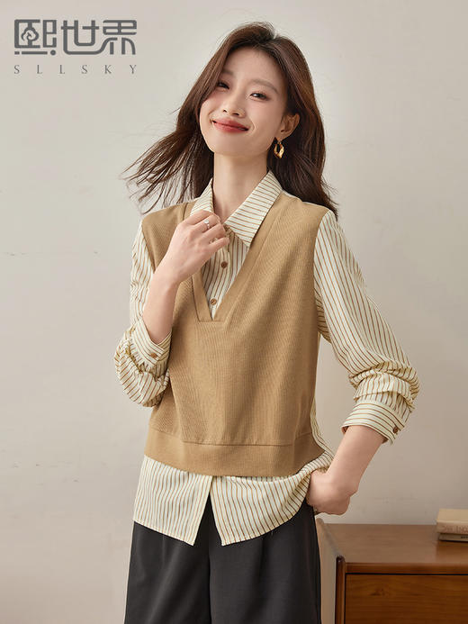 【1件75折】熙世界法式假两件条纹衬衫女春季2025新款设计感长袖拼接针织上衣 商品图0