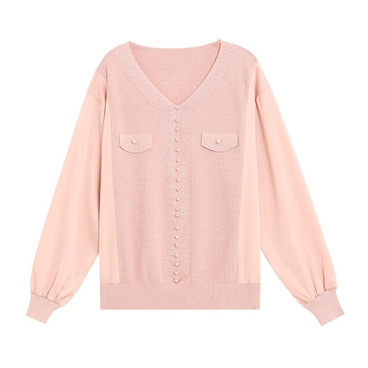 CC-BSM-731春秋季新款女士V领长袖雪纺拼接针织上衣洋气打底衫 商品图4