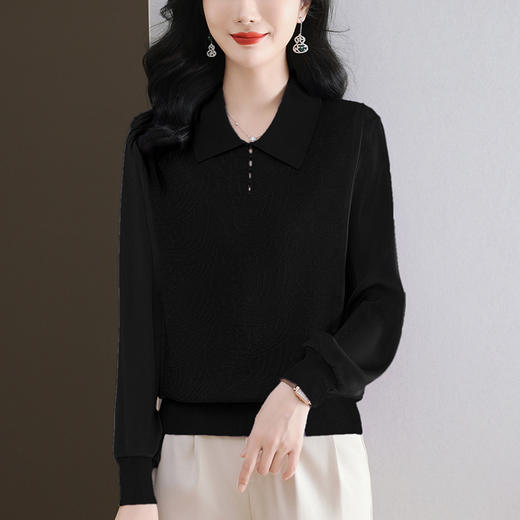CC-89-523翻领拼接针织小衫女洋气2025新款春季宽松上衣长袖t恤打底衫薄款 商品图3