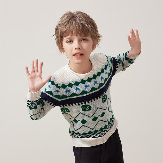 mettekids儿童100%羊绒衫秋冬新款男童加厚提花毛衣针织衫童装 商品图2