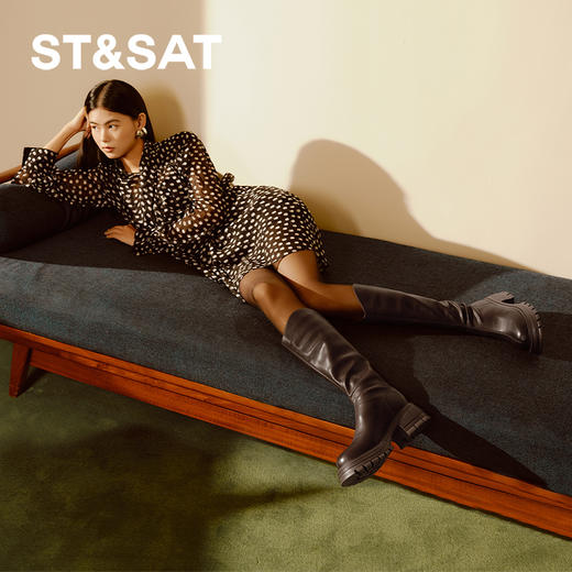 星期六英伦风V口厚底加绒骑士靴SS341191M5 商品图1