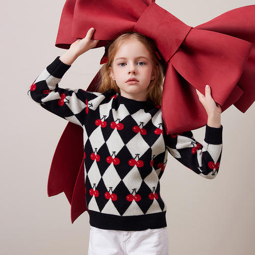 mettekids儿童100%羊绒衫秋冬新款女童黑白格提花加厚毛衣针织衫 商品图4