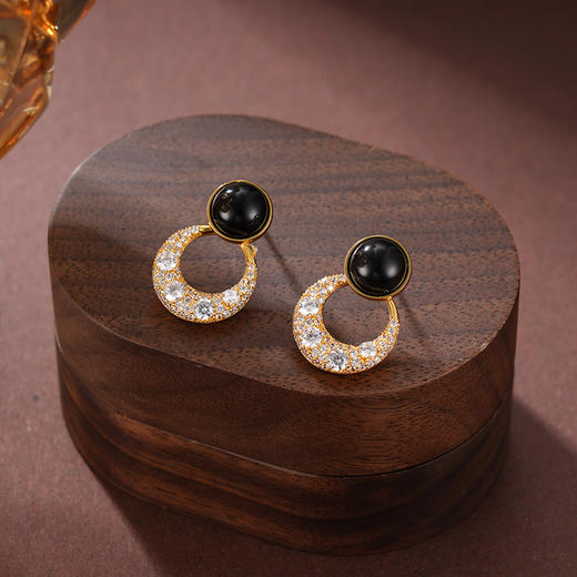 子佩集S925银【月瑶】耳钉纯银【AJ01589】原创2镀金黑玛瑙2501 商品图1