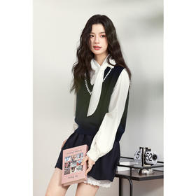 【严选】诗凡黎100%棉V领花边拼接针织马甲25春新品灰色百搭叠穿上衣7G1130681