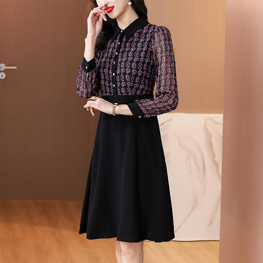 雀说新款女装气质收腰a字裙长袖打底裙子法式印花拼接连衣裙AL6687 商品图1