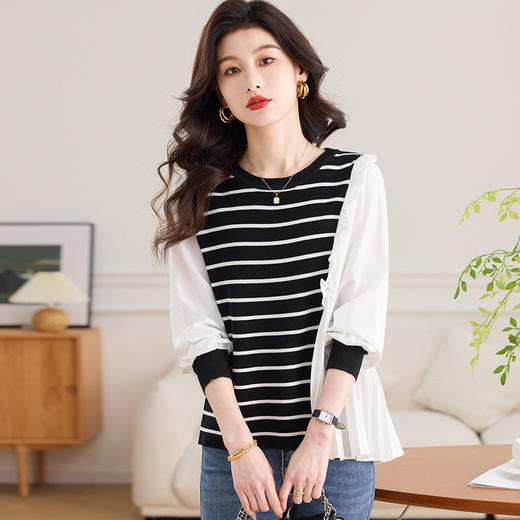 CC-13-2802假两件黑白条纹针织拼接衬衫女士长袖2025春秋季新款宽松遮肉上衣 商品图2