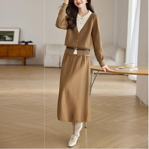 雀说针织连衣裙女中长裙拼接纯色套装裙过膝正式场合时尚气质裙子女装AL8986 商品图5