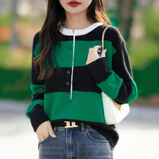 QHJY-JY8188新款条纹半开襟长袖针织衫上衣圆领安迪绒打底毛衣大码女装 商品图2