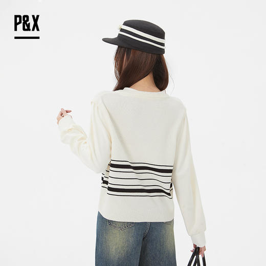 P&X设计师女装 新款减龄条纹短款针织衫假领设计825131072 白色 商品图4