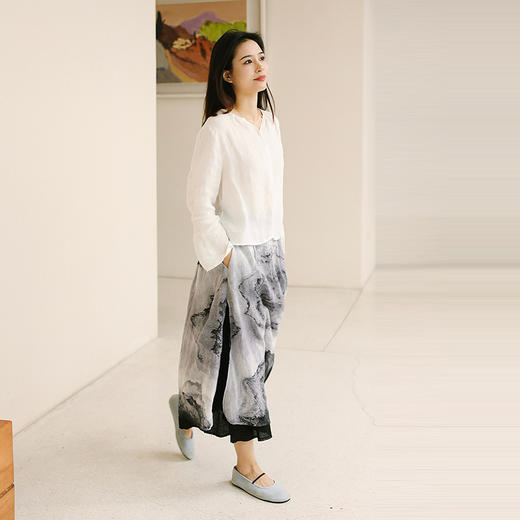 绽放旅行女装149朵/水墨感苎麻印花复古文艺轻薄显瘦双层半身长裙 商品图1