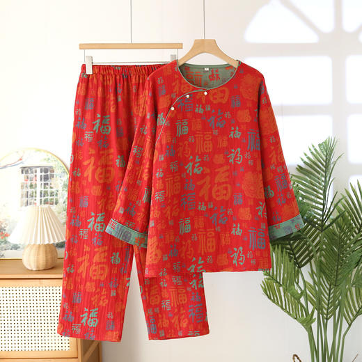 雀说复古纯棉双面提花福气满满喜庆套装色织双层纱薄款女睡衣AL041 商品图2