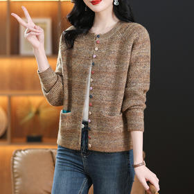 CC-17-67103春季新款女士小个子针织衫开衫上衣复古条纹毛衣外套圆领口袋