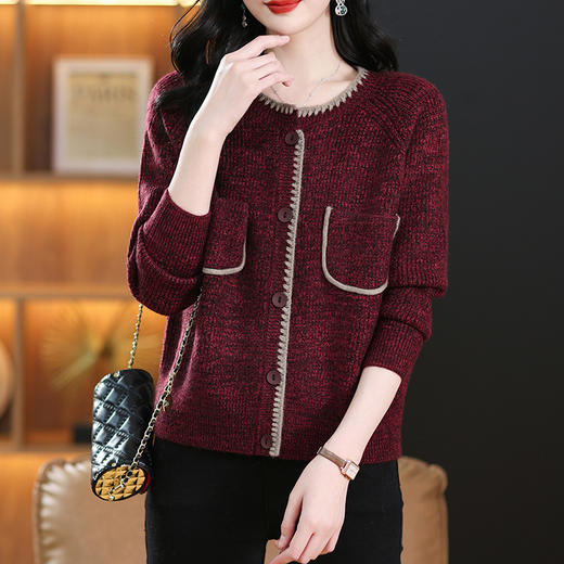 CC-17-67105春秋季新款毛衣女士洋气圆领复古条纹小个子针织开衫口袋外套 商品图2