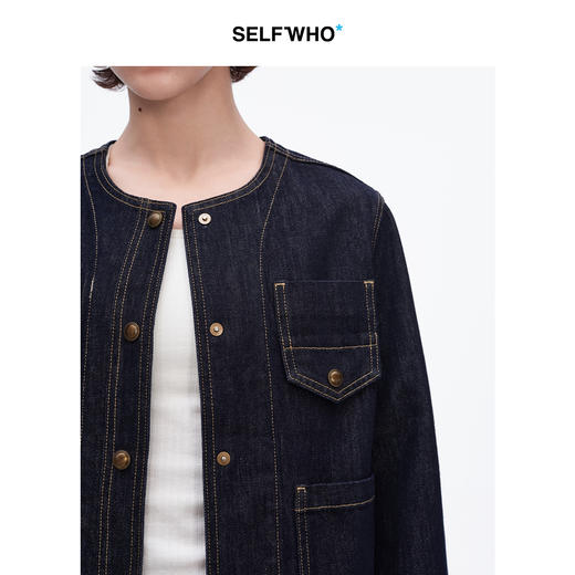 SELFWHO复古撞色线口袋牛仔外套女2025春季新款圆领箱型短款上衣 商品图3