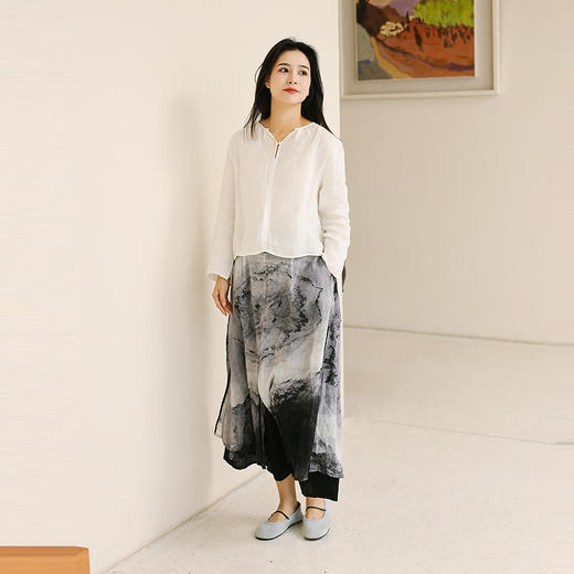 绽放旅行女装149朵/水墨感苎麻印花复古文艺轻薄显瘦双层半身长裙 商品图2