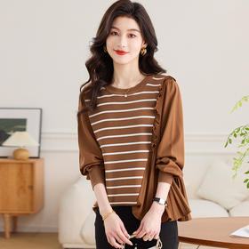 CC-13-2802假两件黑白条纹针织拼接衬衫女士长袖2025春秋季新款宽松遮肉上衣