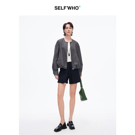 SELFWHO暗格纹灰色夹克半身裙女2025春新款宽松拉链外套裙子套装 商品图3